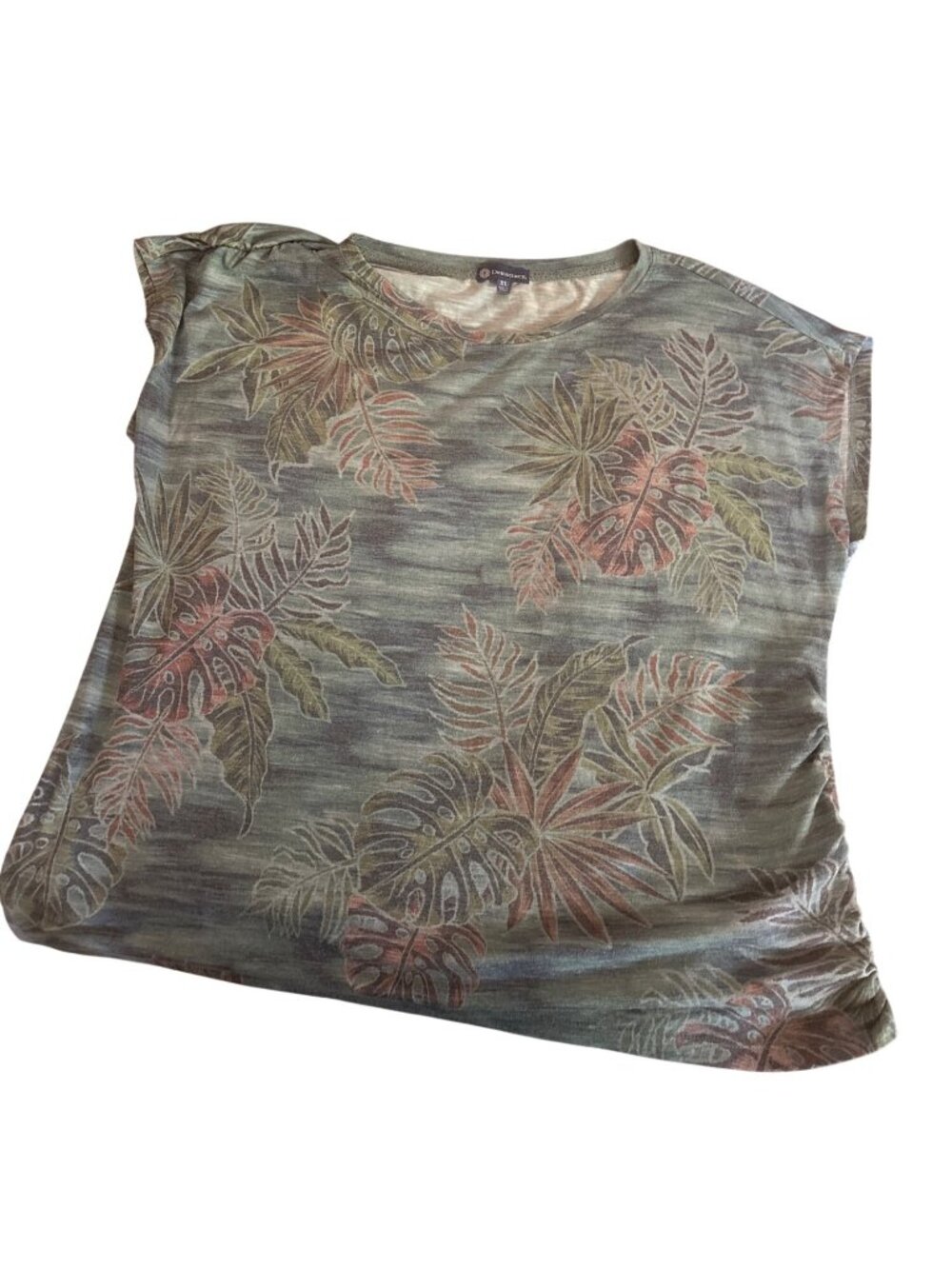 Democracy Women's Crew Neck Ruched Side Top Blue Green Size XL Cap Sleeve